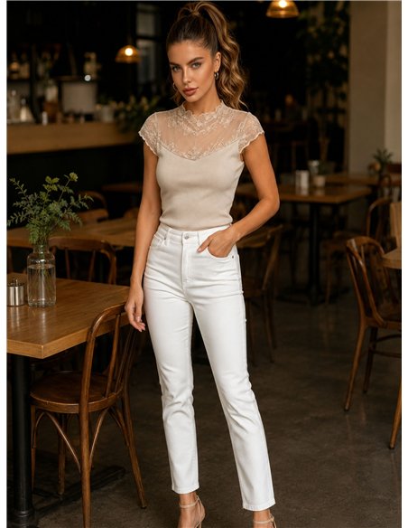 Ribbed lace yoke knit top
