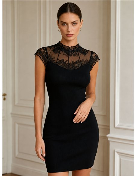 Ribbed lace yoke knit dress