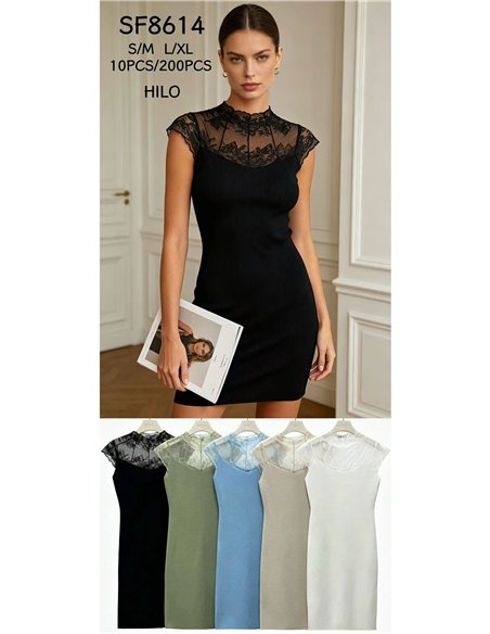 Ribbed lace yoke knit dress