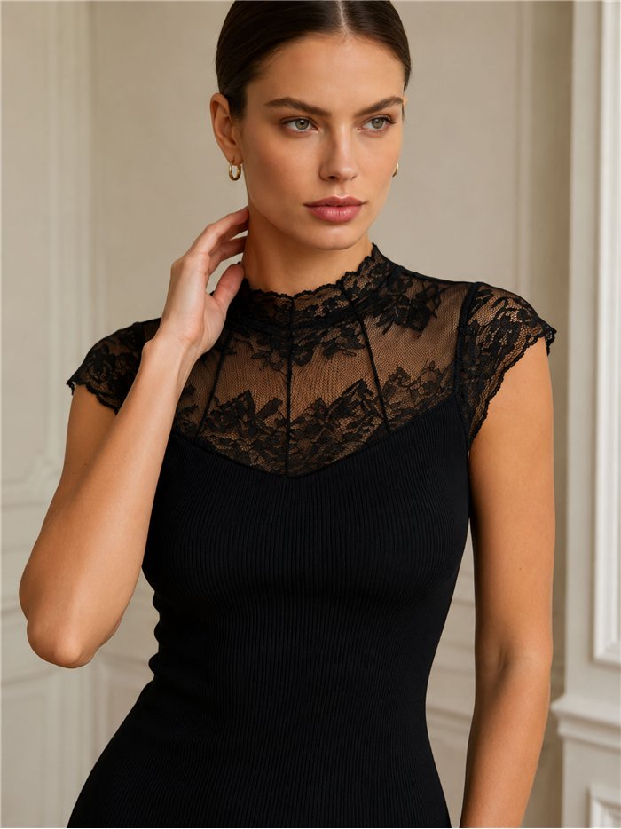 Ribbed lace yoke knit dress