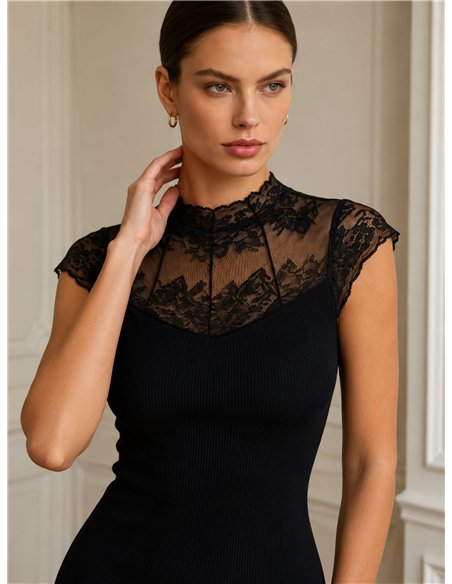 Ribbed lace yoke knit dress