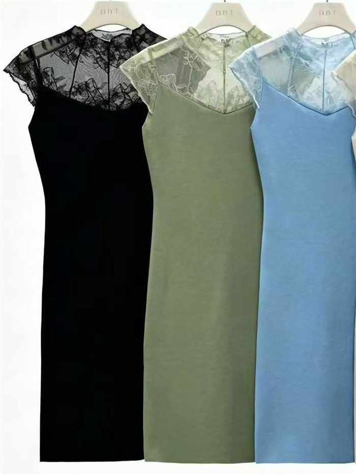 Ribbed lace yoke knit dress