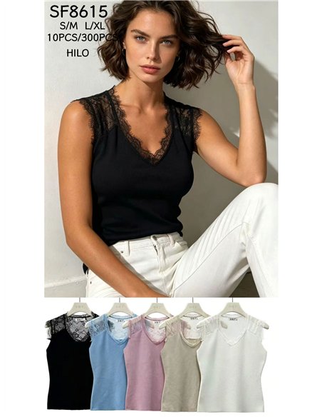 Top punto canalé encaje cuello pico