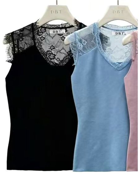 Top punto canalé encaje cuello pico