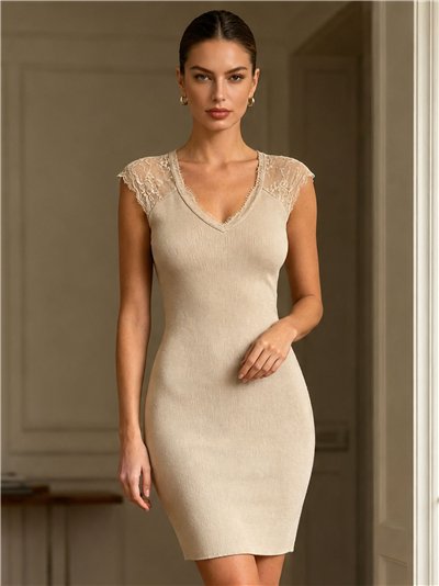 Ribbed V neck lace knit dress