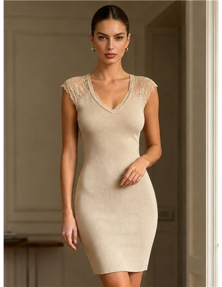 Ribbed V neck lace knit dress
