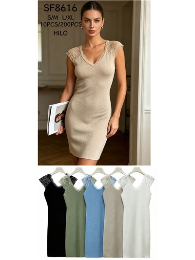 Ribbed V neck lace knit dress 2