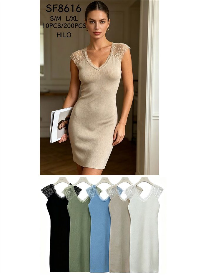 Ribbed V neck lace knit dress