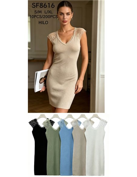 Ribbed V neck lace knit dress