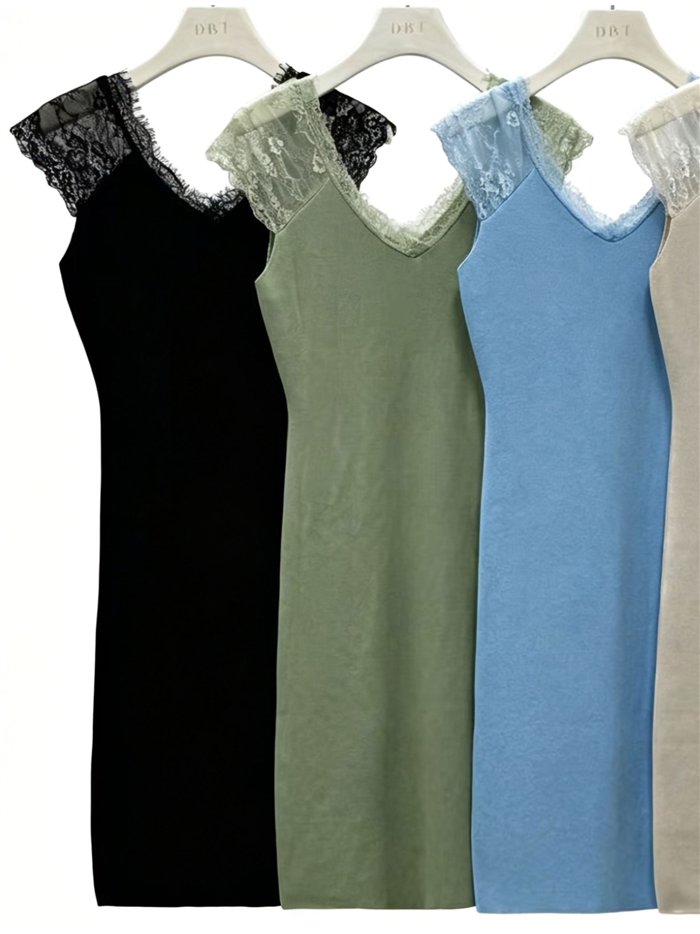 Ribbed V neck lace knit dress