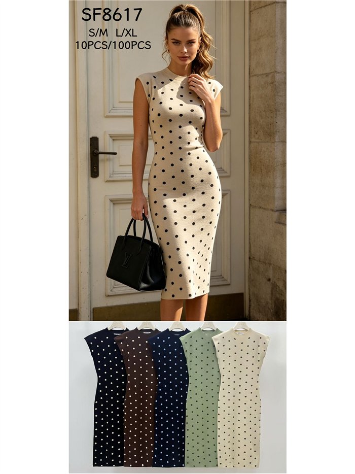 Polka dot ribbed midi knit dress