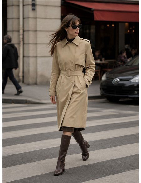 Belted long trench coat