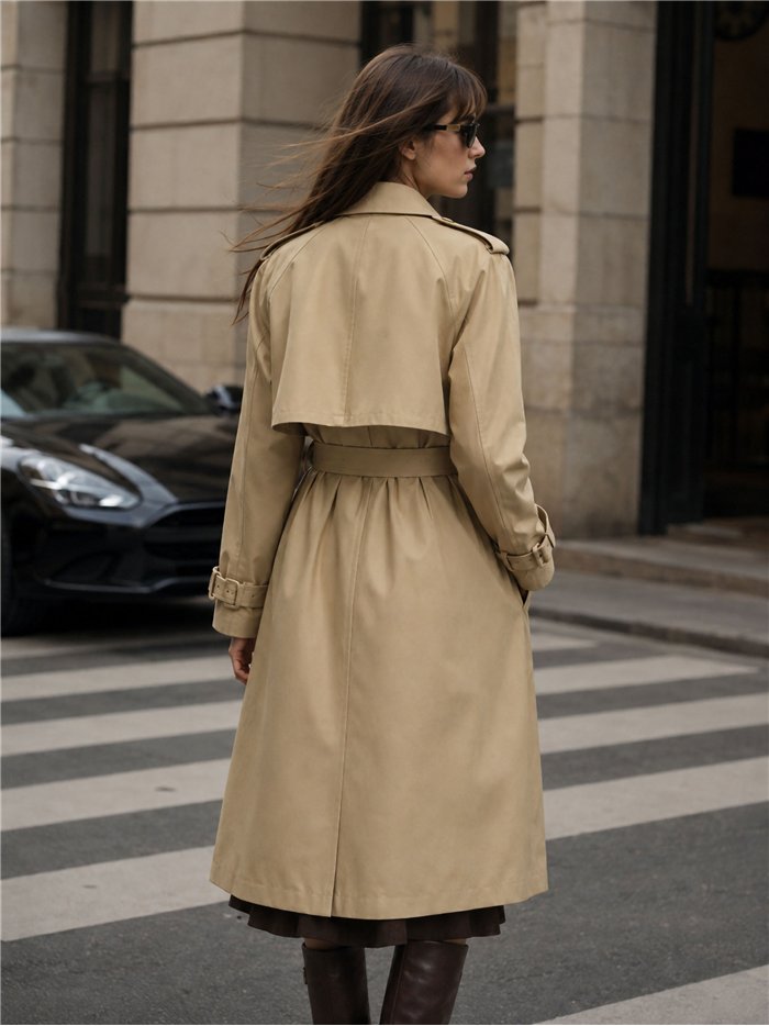 Belted long trench coat