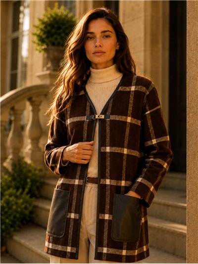 Checked cardigan with faux leather pockets