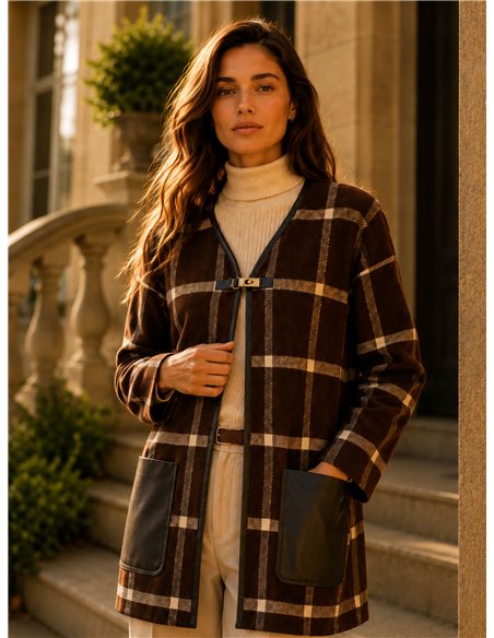 Checked cardigan with faux leather pockets