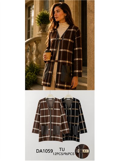 Checked cardigan with faux leather pockets 2