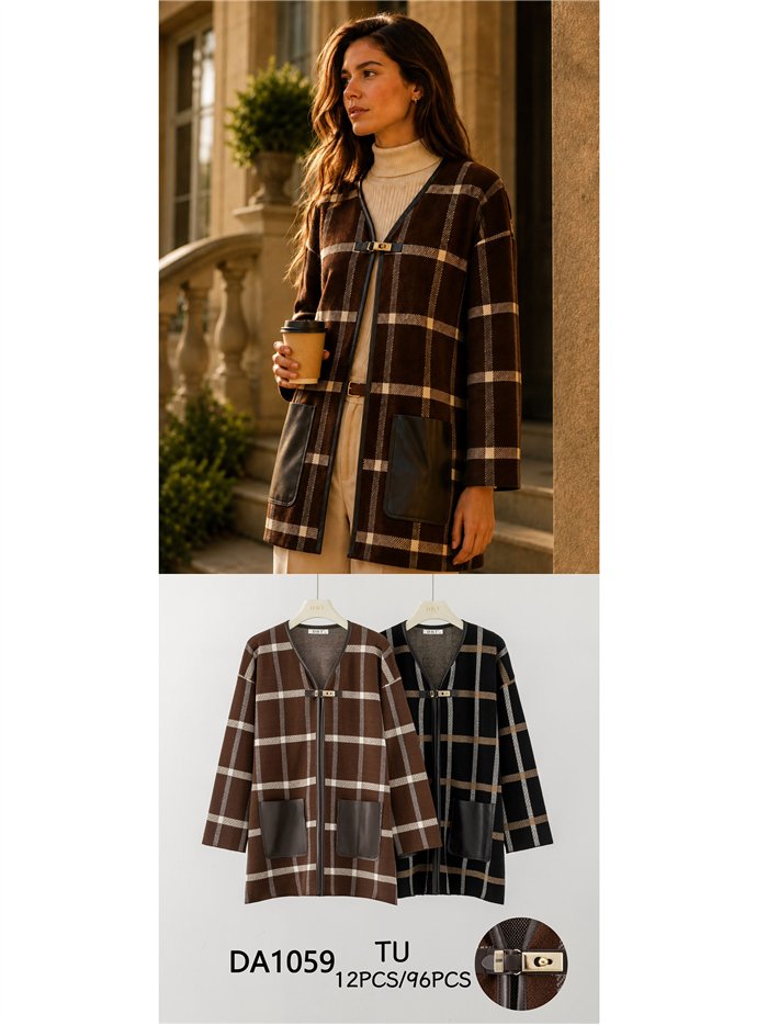 Checked cardigan with faux leather pockets