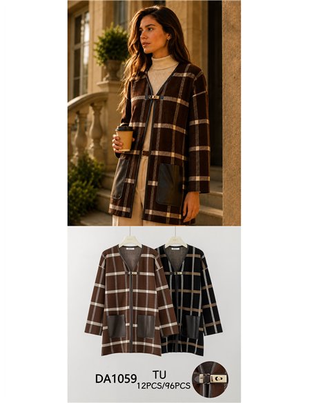 Checked cardigan with faux leather pockets
