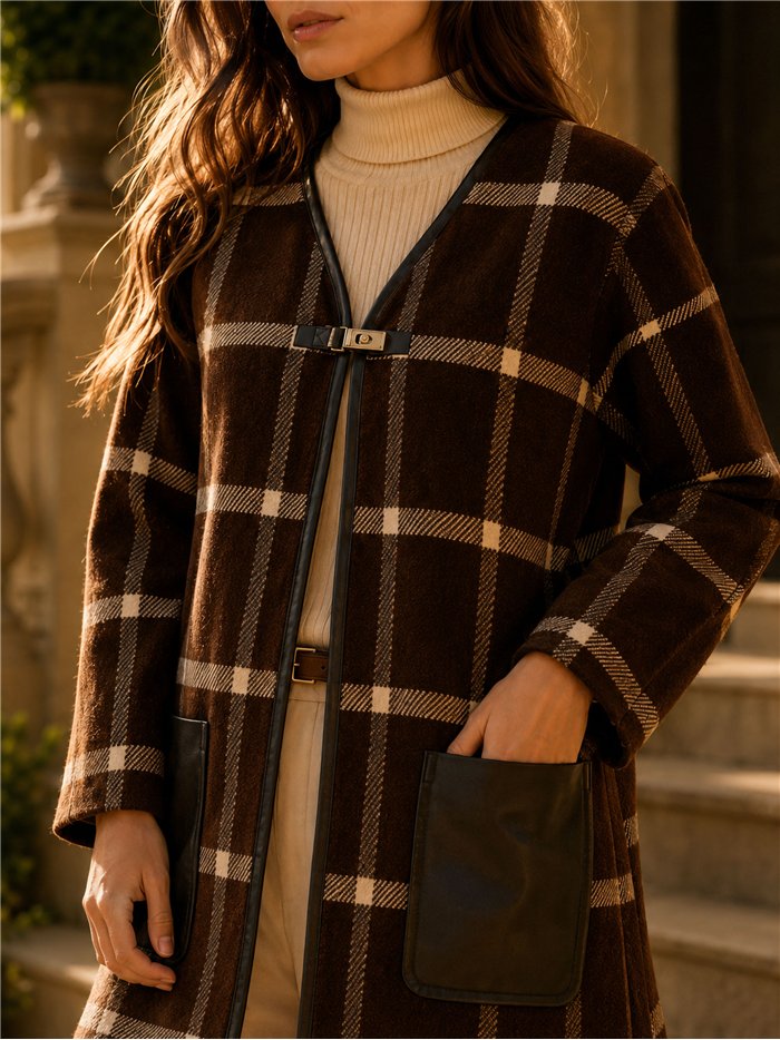 Checked cardigan with faux leather pockets