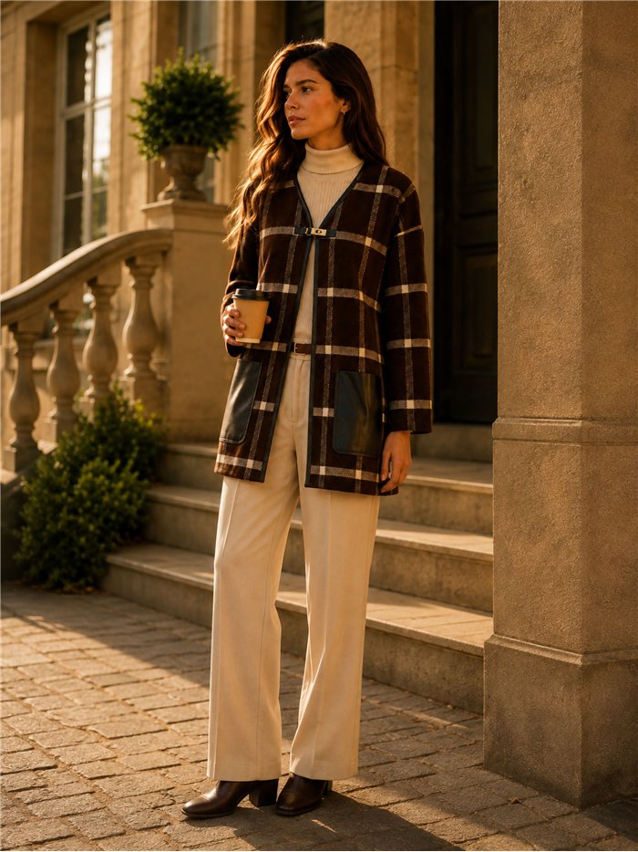 Checked cardigan with faux leather pockets