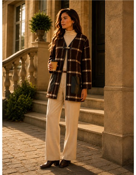 Checked cardigan with faux leather pockets