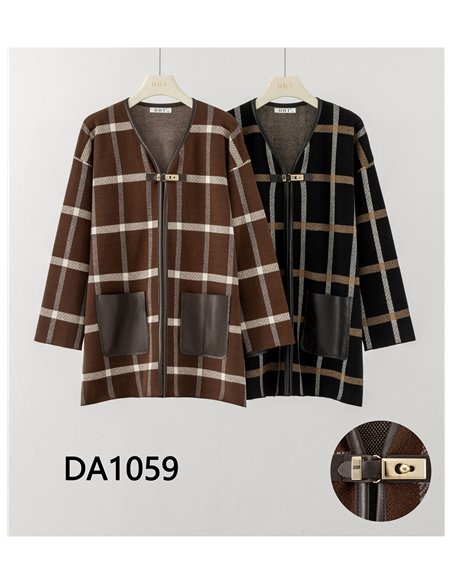 Checked cardigan with faux leather pockets