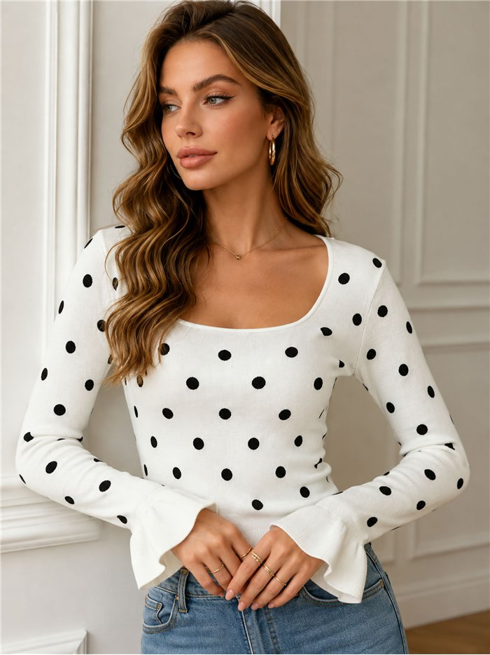 Polka dot frill sleeve knit top