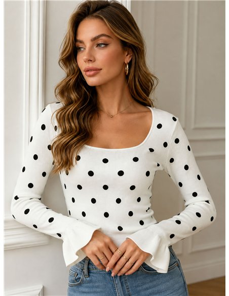 Polka dot frill sleeve knit top