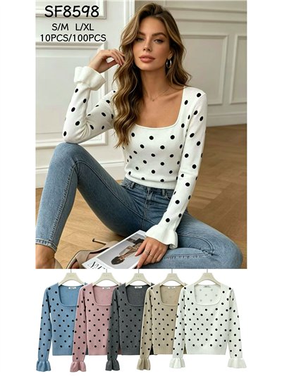 Polka dot frill sleeve knit top 2