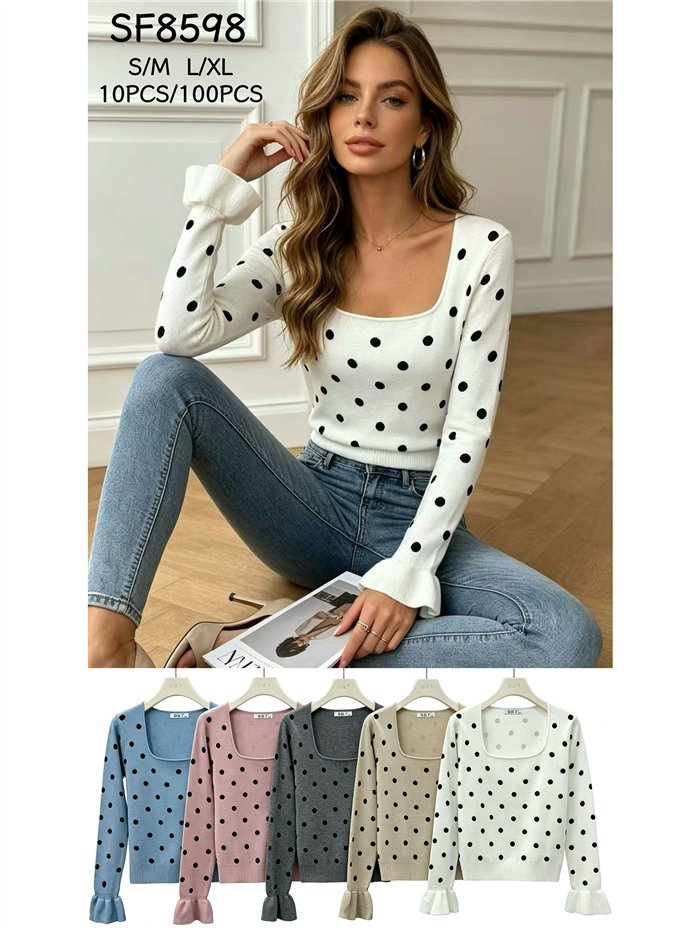 Polka dot frill sleeve knit top