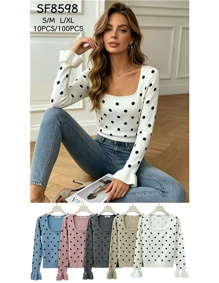 Polka dot frill sleeve knit top