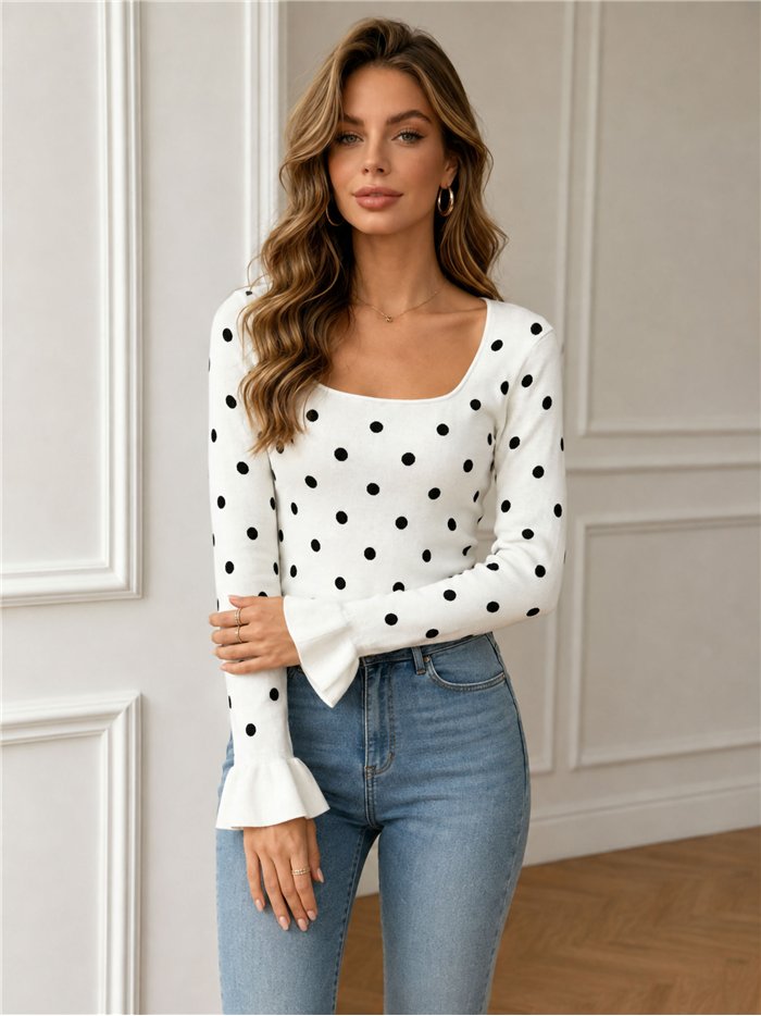 Polka dot frill sleeve knit top
