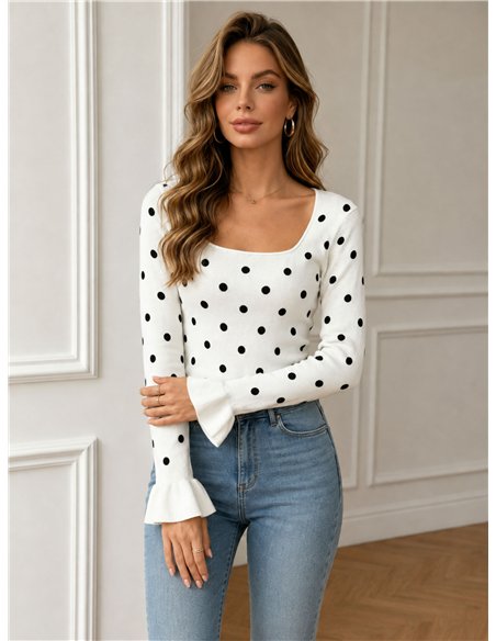 Polka dot frill sleeve knit top