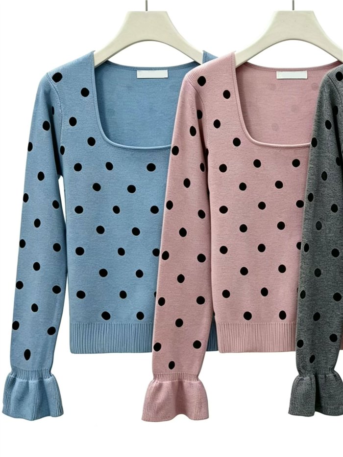 Polka dot frill sleeve knit top