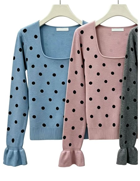 Polka dot frill sleeve knit top