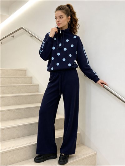 Polka dot zip knit sweater and wide leg trousers set