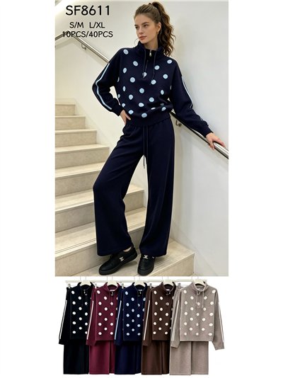Polka dot zip knit sweater and wide leg trousers set 2