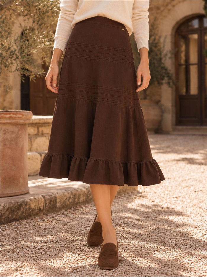 Jupe midi en maille à volants