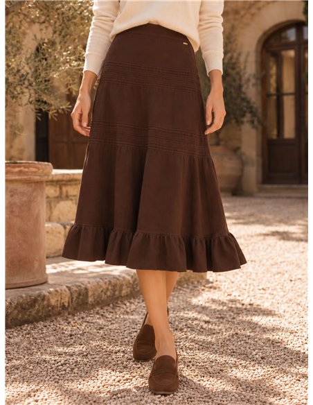 Jupe midi en maille à volants
