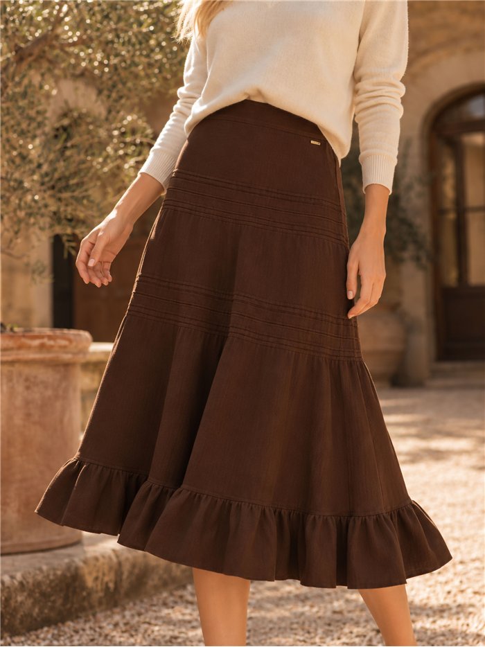 Jupe midi en maille à volants