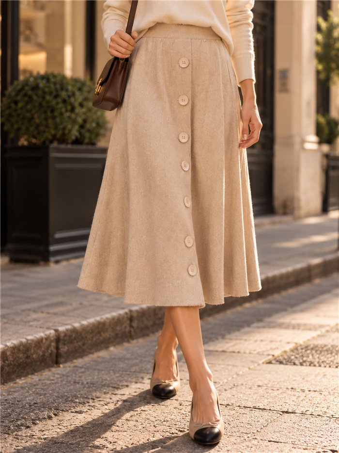 Jupe midi en maille à boutons
