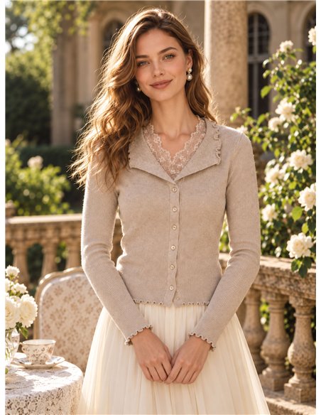 Lace trim ribbed cardigan