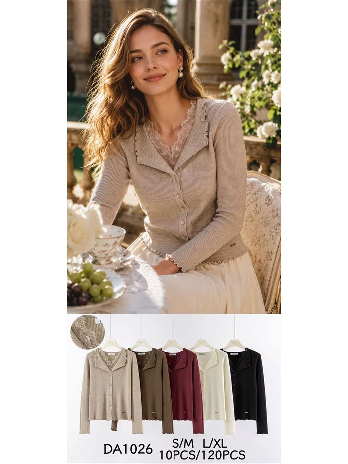 Lace trim ribbed cardigan