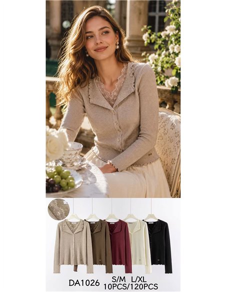 Lace trim ribbed cardigan