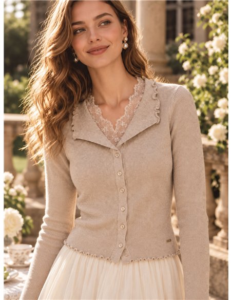Lace trim ribbed cardigan
