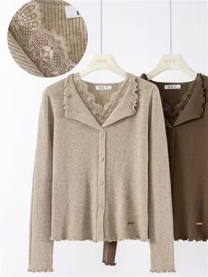 Lace trim ribbed cardigan