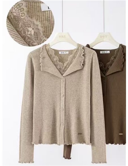 Lace trim ribbed cardigan