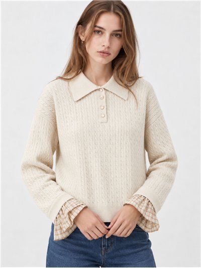 Jersey trenzado cuello polo puños cuadros