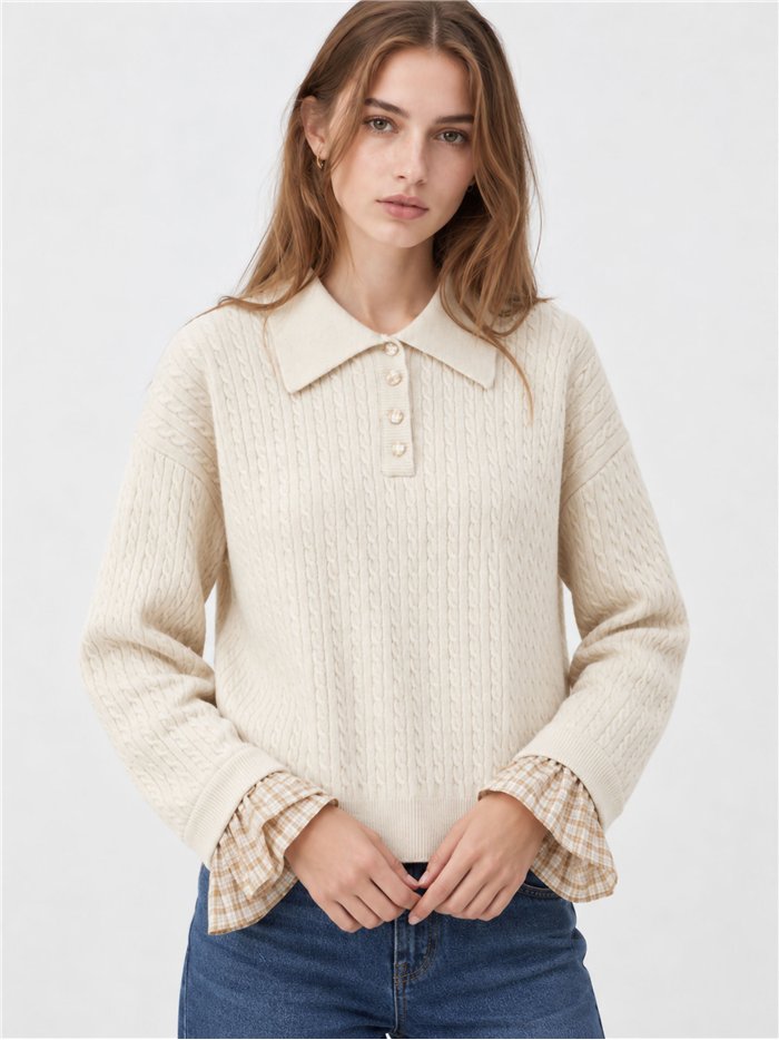 Jersey trenzado cuello polo puños cuadros