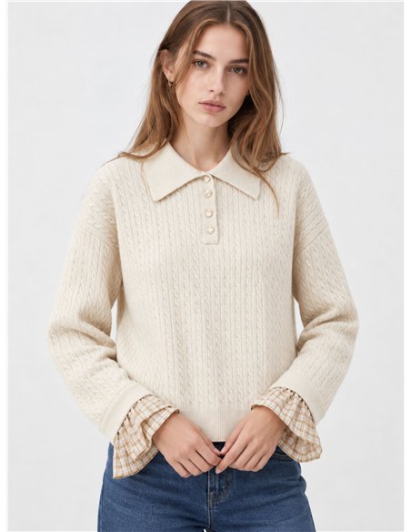 Jersey trenzado cuello polo puños cuadros
